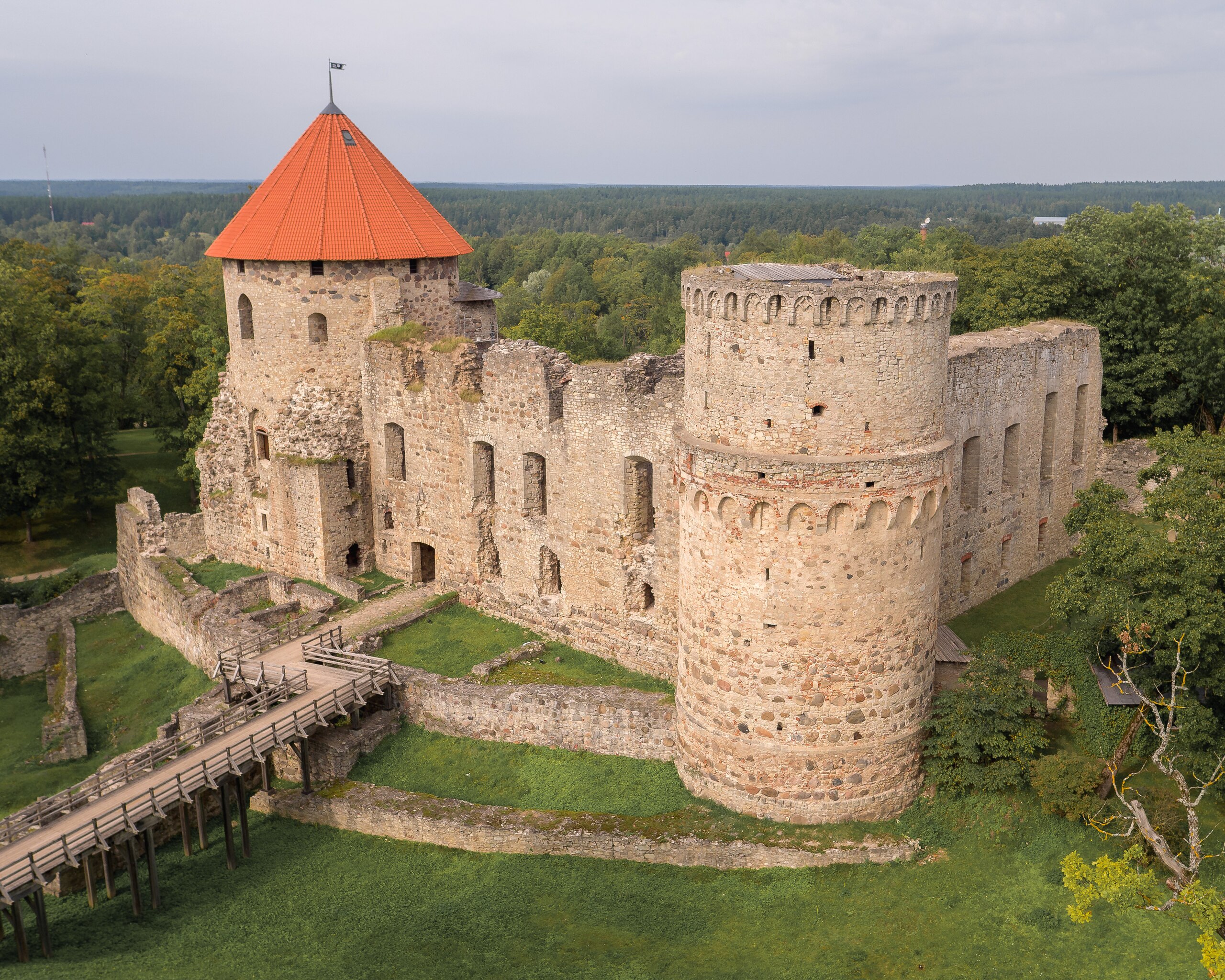 Cēsis medieval castle ruins with tower rising above surrounding trees