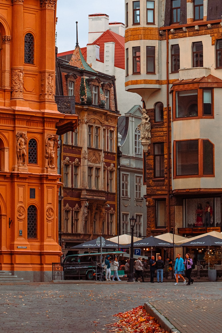 Ornate Art Nouveau building facade on Alberta Street in Riga